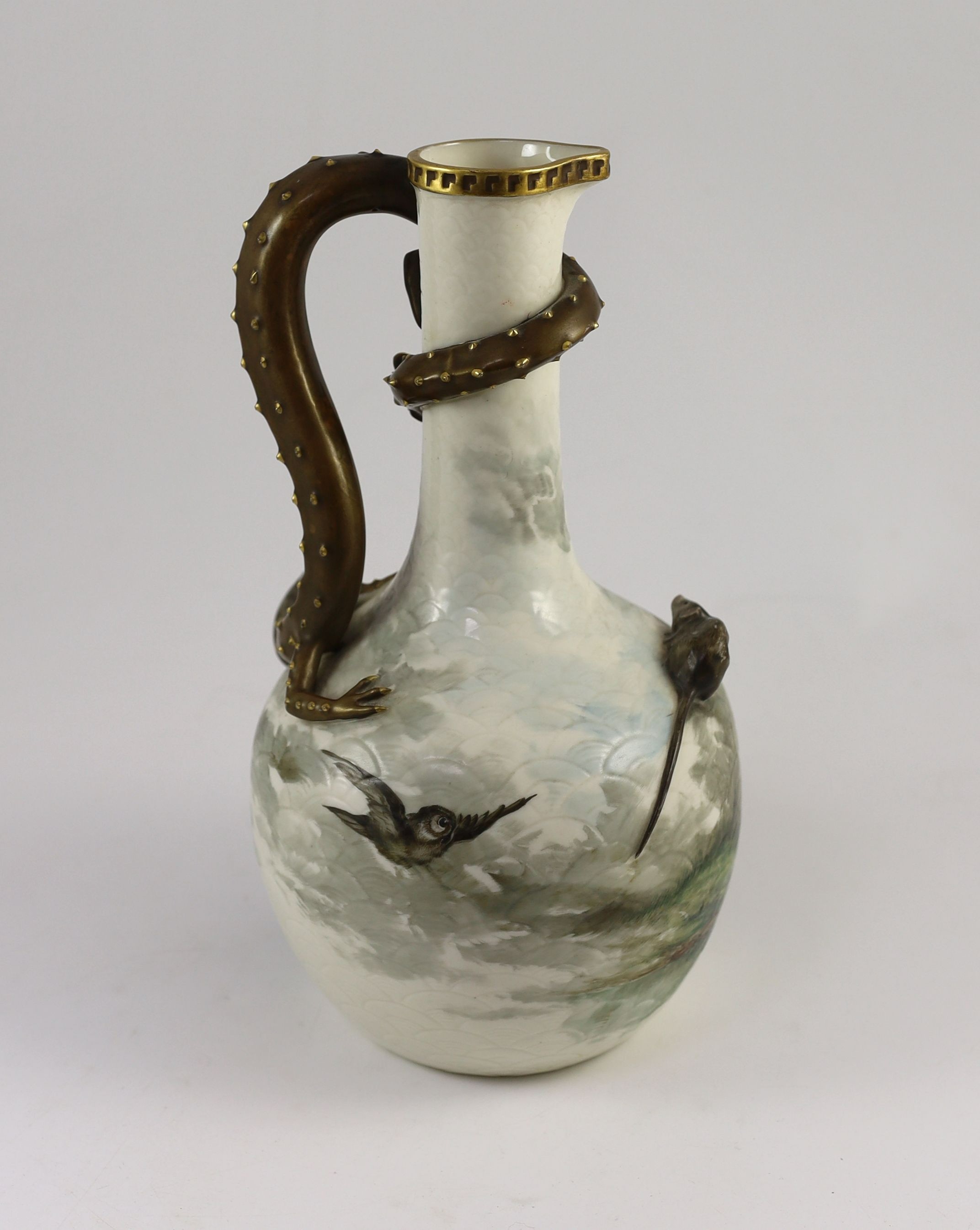 An unusual Royal Worcester ‘frog and mice’ ewer, c.1880, 29cm high